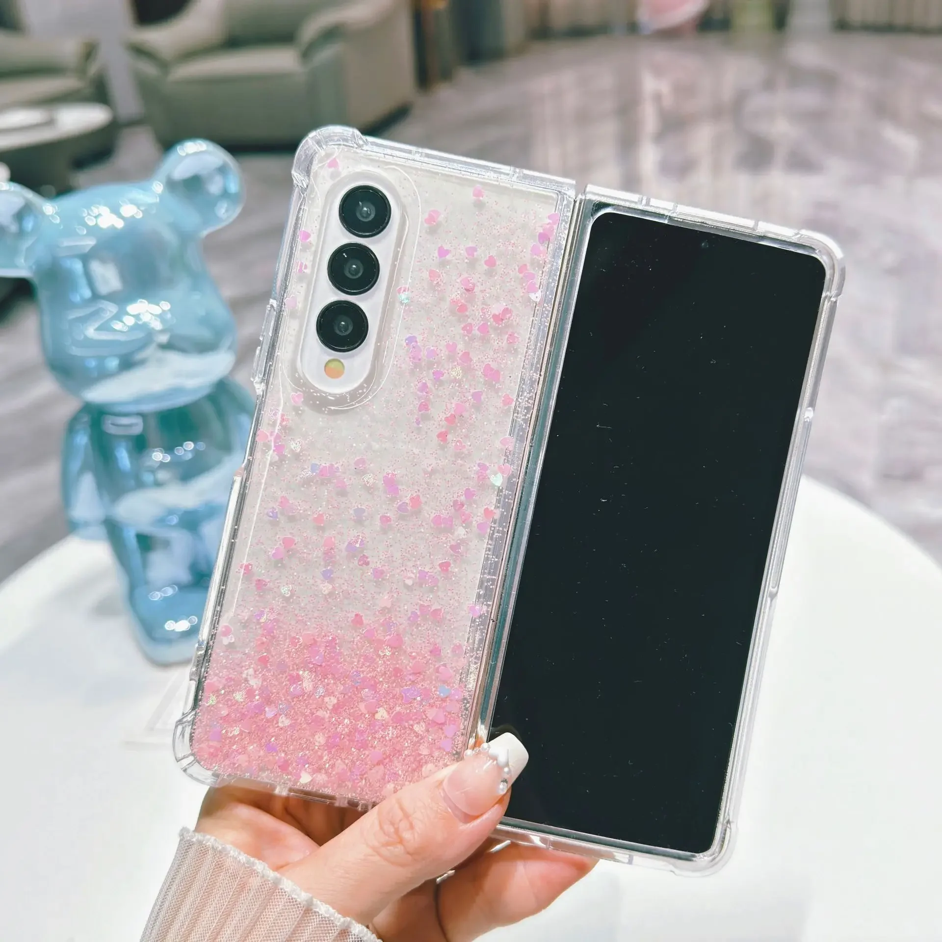 Transparent Gradient Glitter Case for Samsung Galaxy Z Fold 6 5 4 3 Four Corner Shockproof Protection Hard Cover Accessories