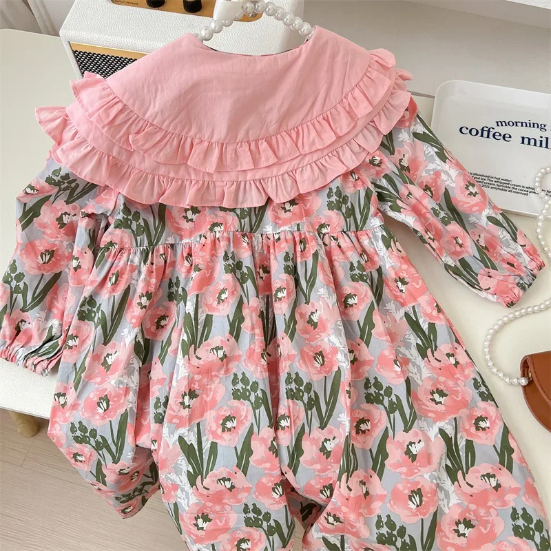 Child Star Round Girls\' Clothing Autumn Petal Collar Fragmented Flower Dress Sweet Long Sleeve Dress Sweet Dress