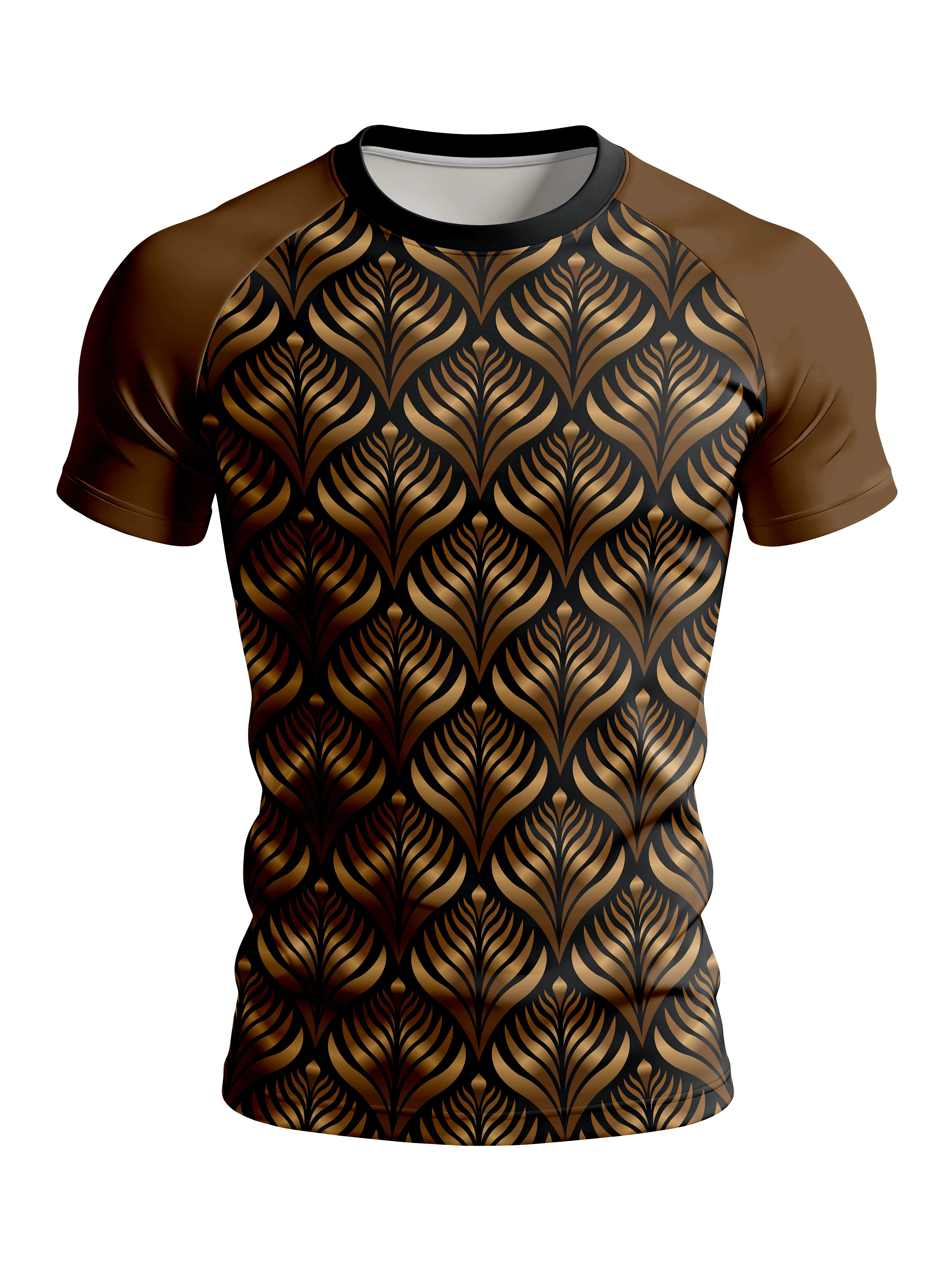 Men High Stretch Quick Dry Sports T-shirt Golden Leaf Print Raglan Short Sleeve Compression Top