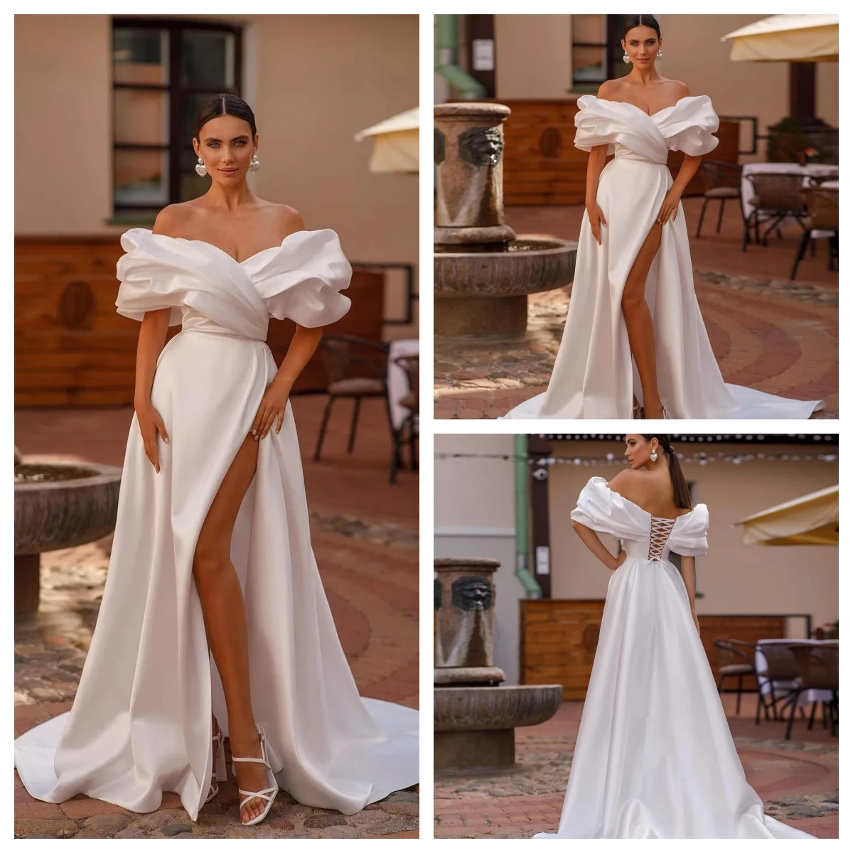 

2024Elegant Off The Shoullder Sweetheart Satin A Line Wedding Dresses Side Slit Pleat Formal Bridal Grown kleider damen hochzei