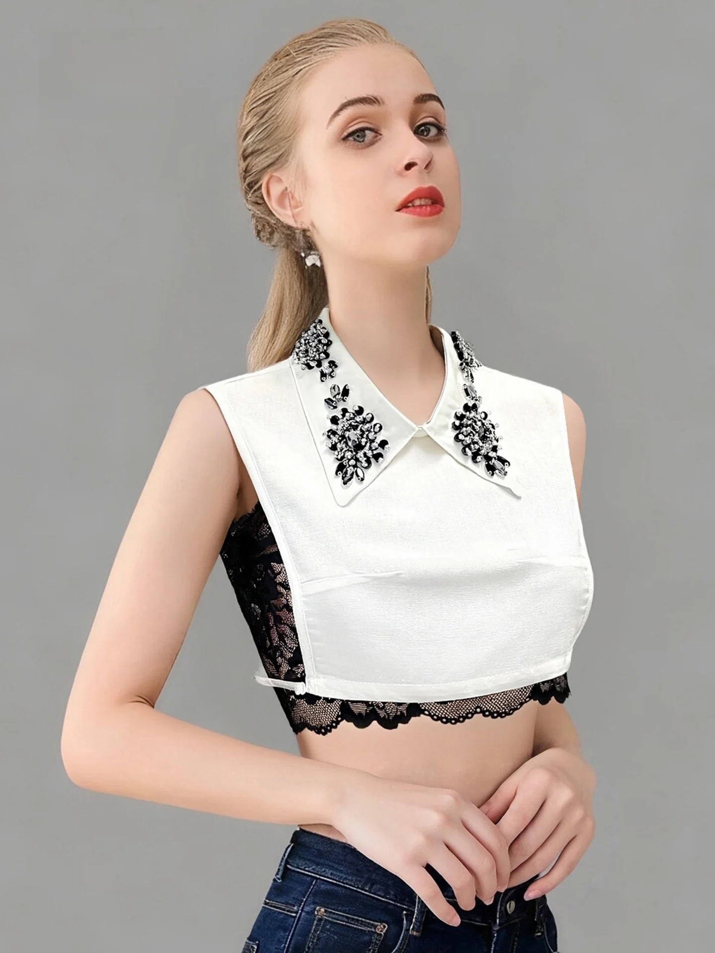 ヘビーカットビーズ付き襟飾り-フェイクカラー-秋冬用-コットン製-防汚装飾襟-カジュアル-超細襟