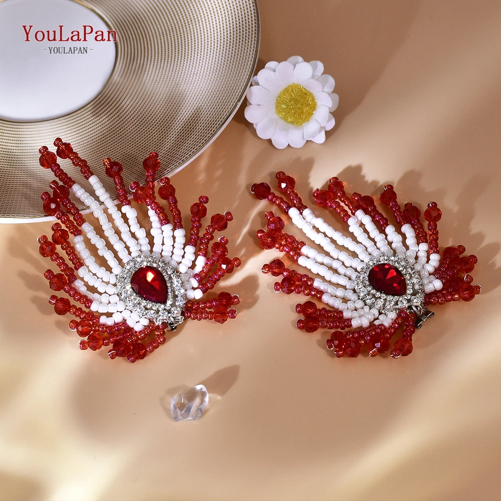 YoulaPan-Handmade frisada borla sapato clipes, strass cor vermelha, casamento charme sapatos fivela, acessório de jóias, HX72