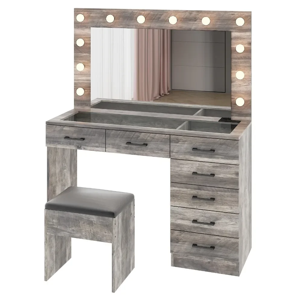 Vanity Desk Set with Large Lighted Mirror and Powre Outlet, Glass Top Makeup Vanity with 7 Drawers, Vanity Table Dressers