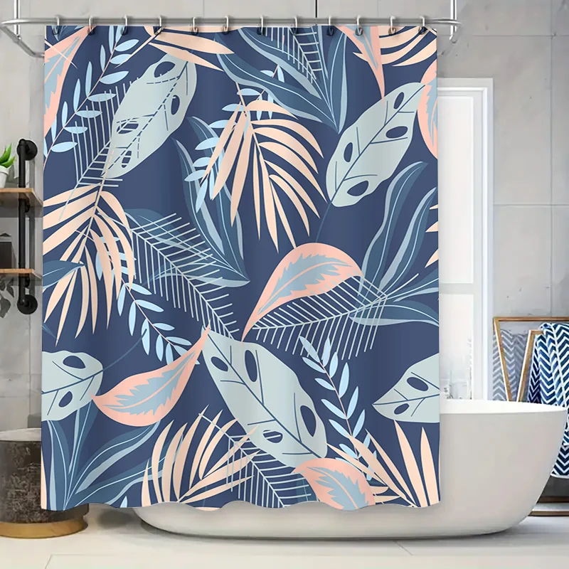 Moderner tropischer blau-rosa Feder-Duschvorhang für Badezimmer-Dekoration, marineblaues Blumenmuster, wasserdichter Stoff, Größe 180 x 245 cm (70 x 96 cm).
