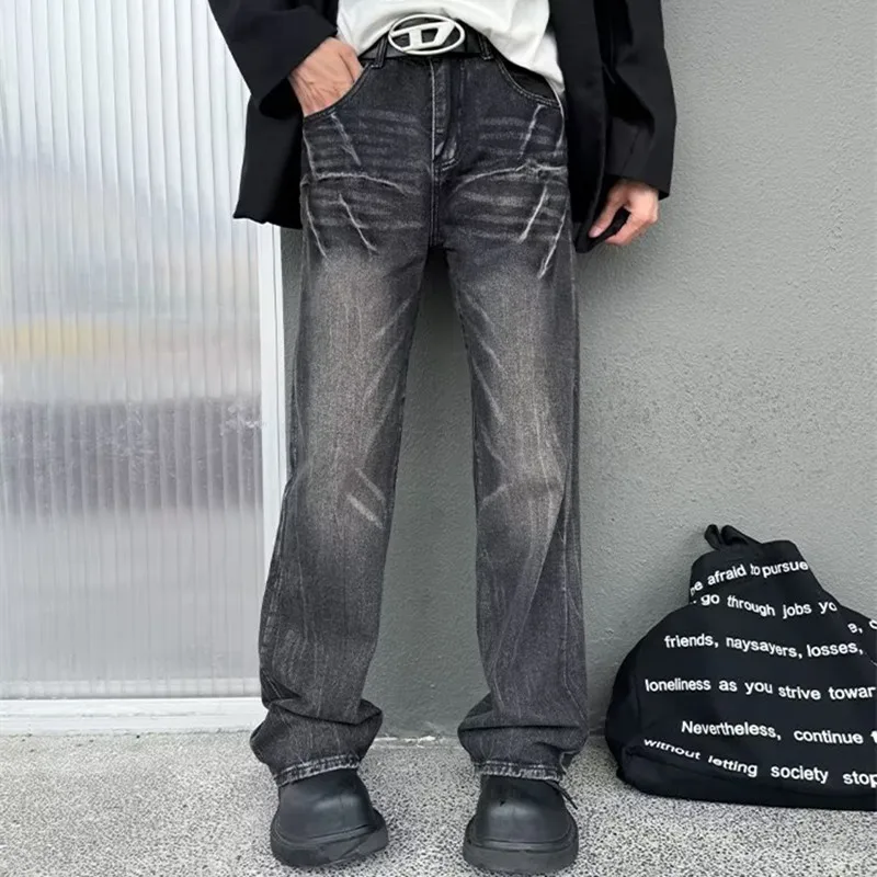 

2024 Ropa Y2K Streetwear Lightning Striped Washed Black Baggy Jeans Pants For Men Clothes Straight Harajuku Old Denim Trousers