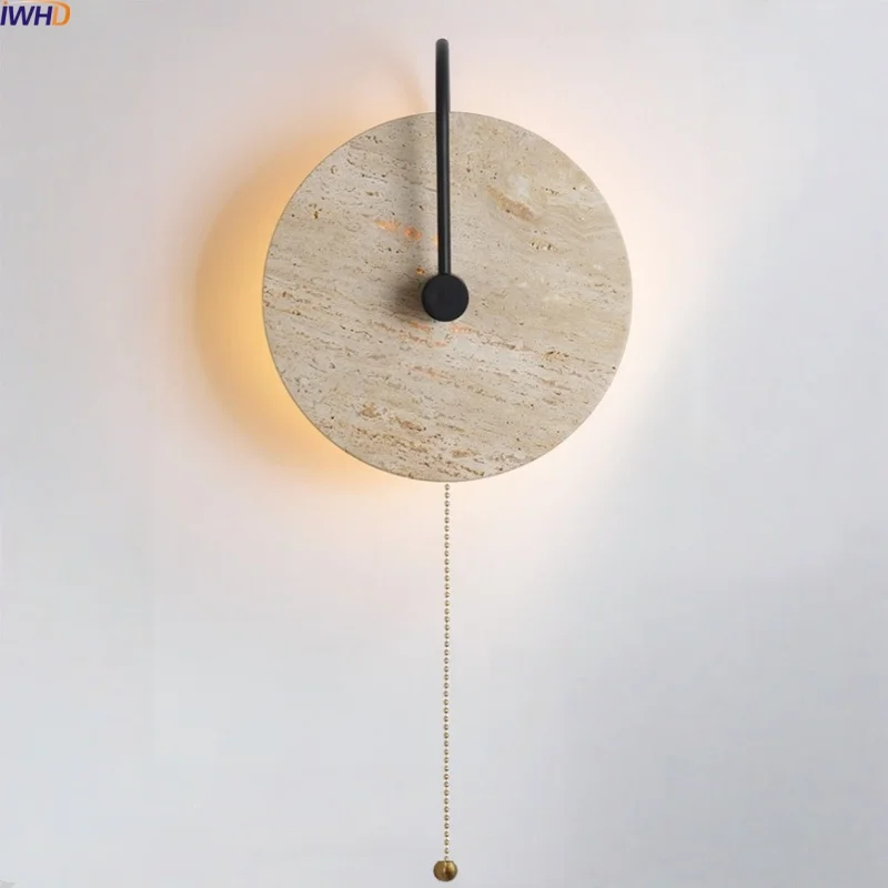 

IWHD Pull Chain Switch LED Wall Light Round Yellow Travertine Wall Art Interior Lighting Wabi Sabi Bedside Lamp Lampara Pared