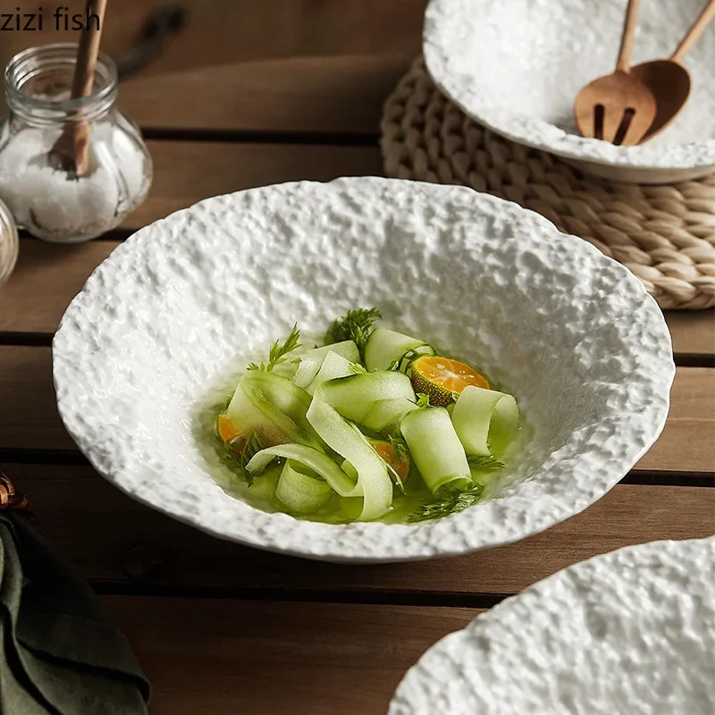 Irregular Stone Pattern Ceramic Bowl Restaurant Soup Bowl Salad Bowl Dessert Bowls Pasta Bowls Pure White Specialty Tableware