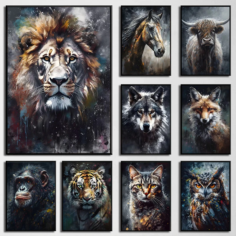 Watercolor Animals Portrait Canvas Painting Ape Chimpanzee Lion Wolf Portrait Graffiti Poster and Print for Room Home Decor