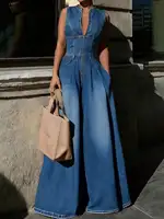 GLOURI Women Sleeveless Denim Jumpsuit Stand Collar Front Zip High Waist Pleated Wide Leg Romper with Side Pockets Vintage Washed Denim Elegant Outfit for Work Date Daily Casual Wear - Image 3