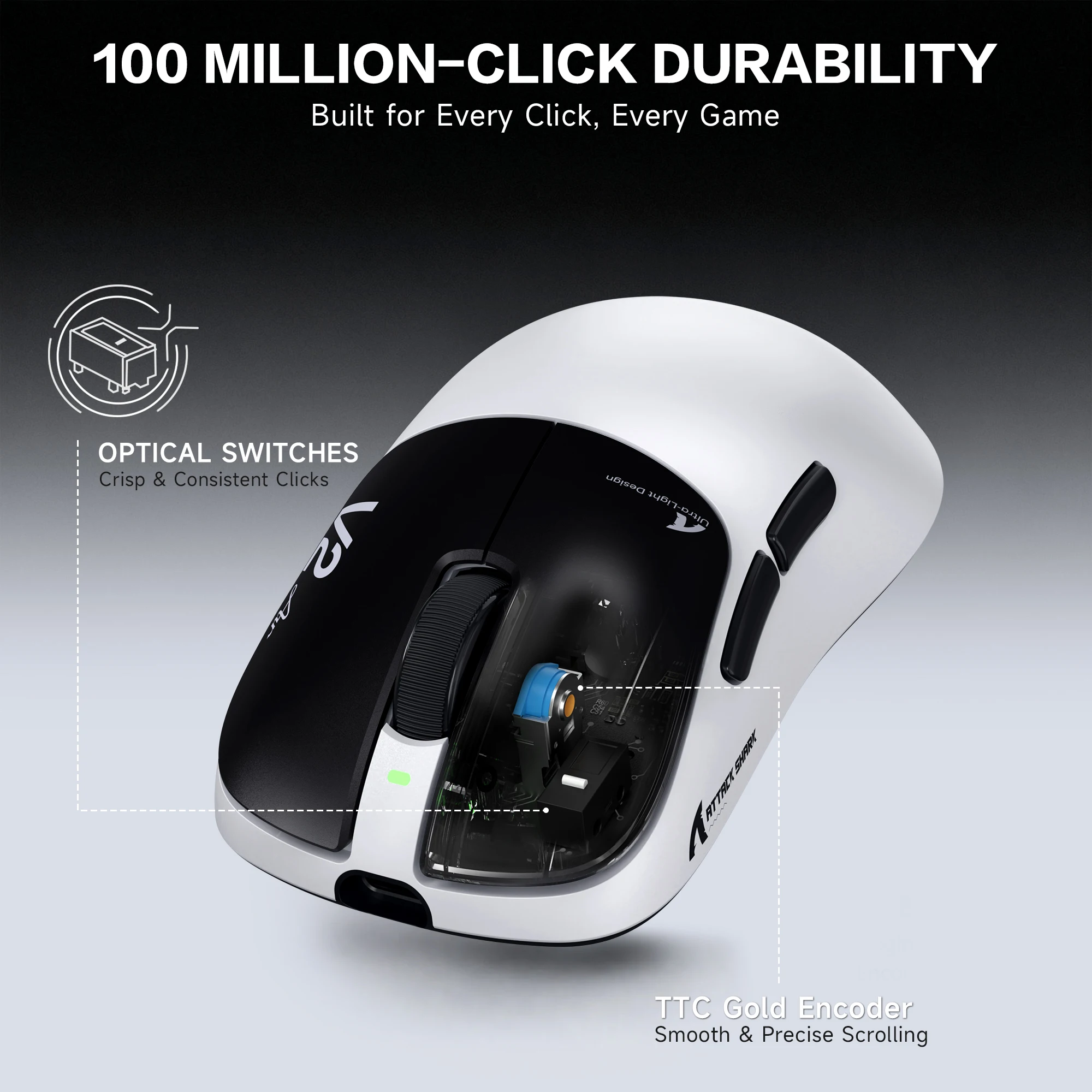 ATTACK SHARK V2AIR Wireless 8K Gaming Mouse,52g Ultralight，60K DPI,PAW3955 MAX Sensor,Nordic 54L15 MCU,2.4G/BT/Wired&C06 cable