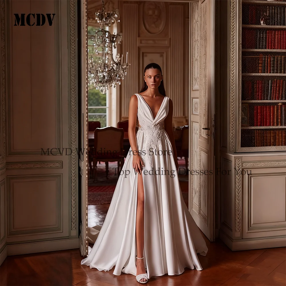 

MCDV Crystal Luxuries Wedding Dresses Sleeveless V-Neck Split Backless Satin Bride Gowns Customized vestidos de novia 2025