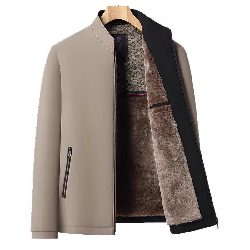 New Men's Clothing Fleece-lined Men Jacket Autumn Winter Middle-aged and Elderly Administrative Stand-Collar Long-sleeved Coats
