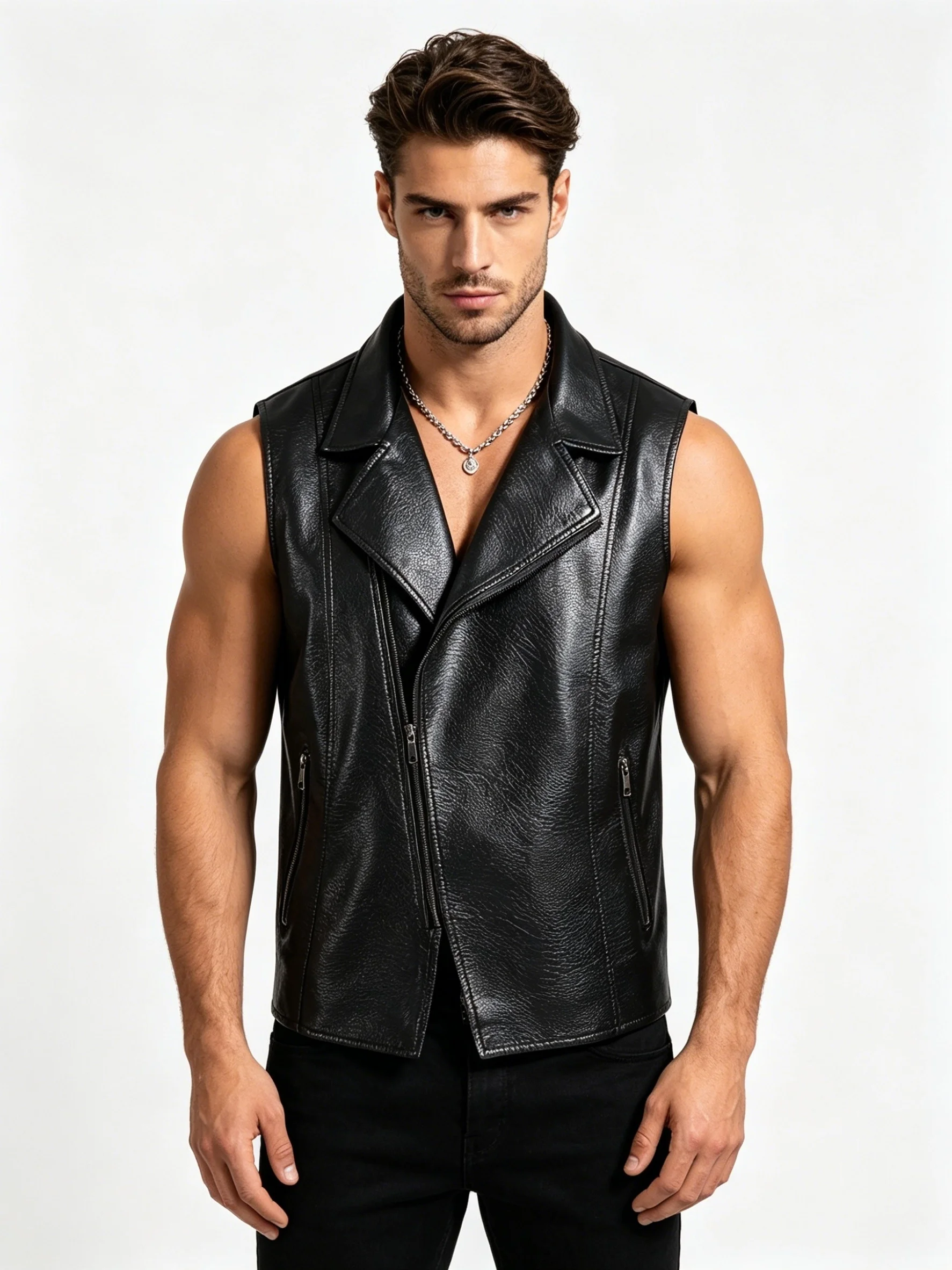 Men's sleeveless artificial leather motorcycle jacket, flip-up asymmetric zipper motorcycle jacket coat, casual fitted style pun