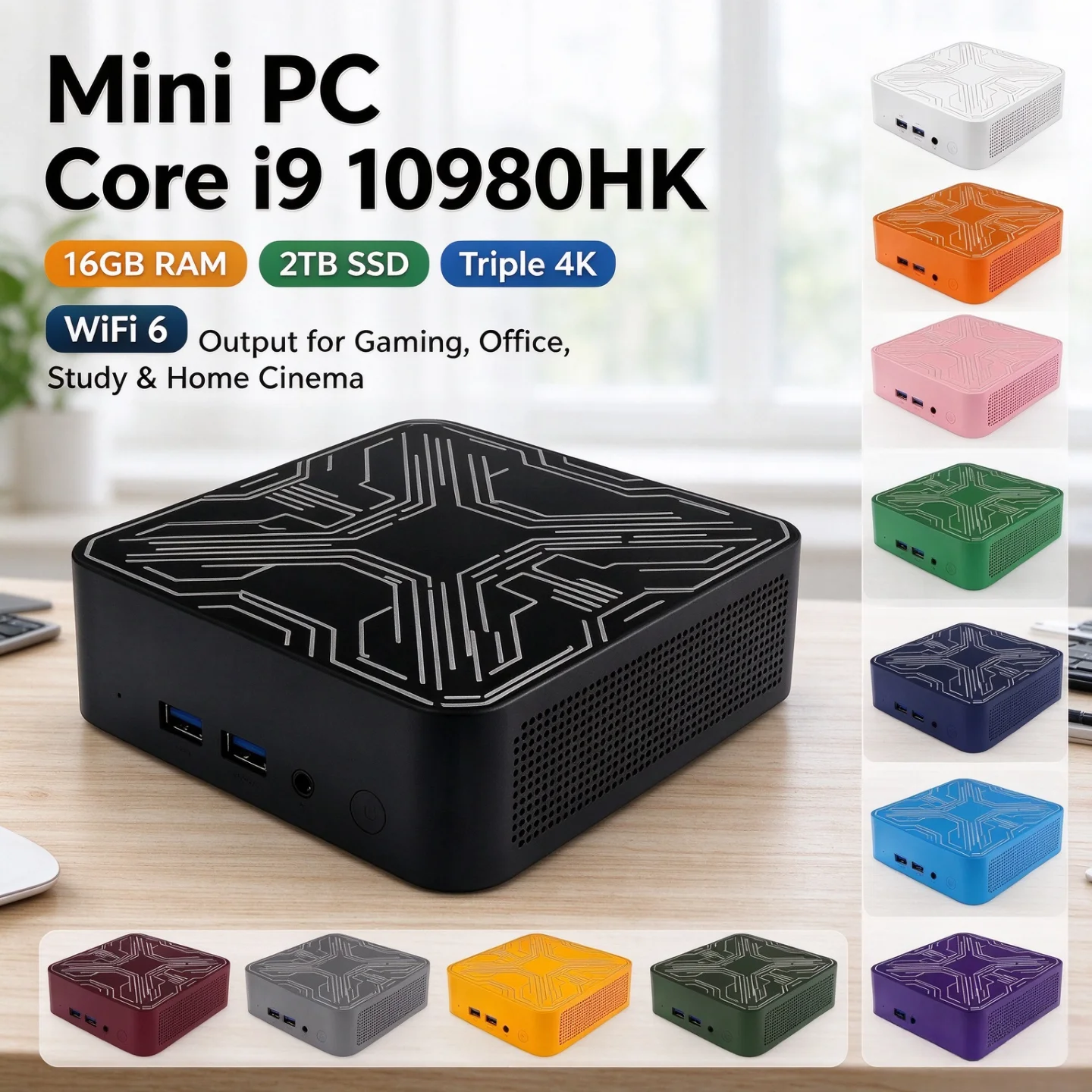 WiFi6 Portable Mini PC Intel Core i9 10980HK 2026 Ultra Compact 16GB M.2 NVMe SSD Triple 4K Silent Cooling Office Home Desktop