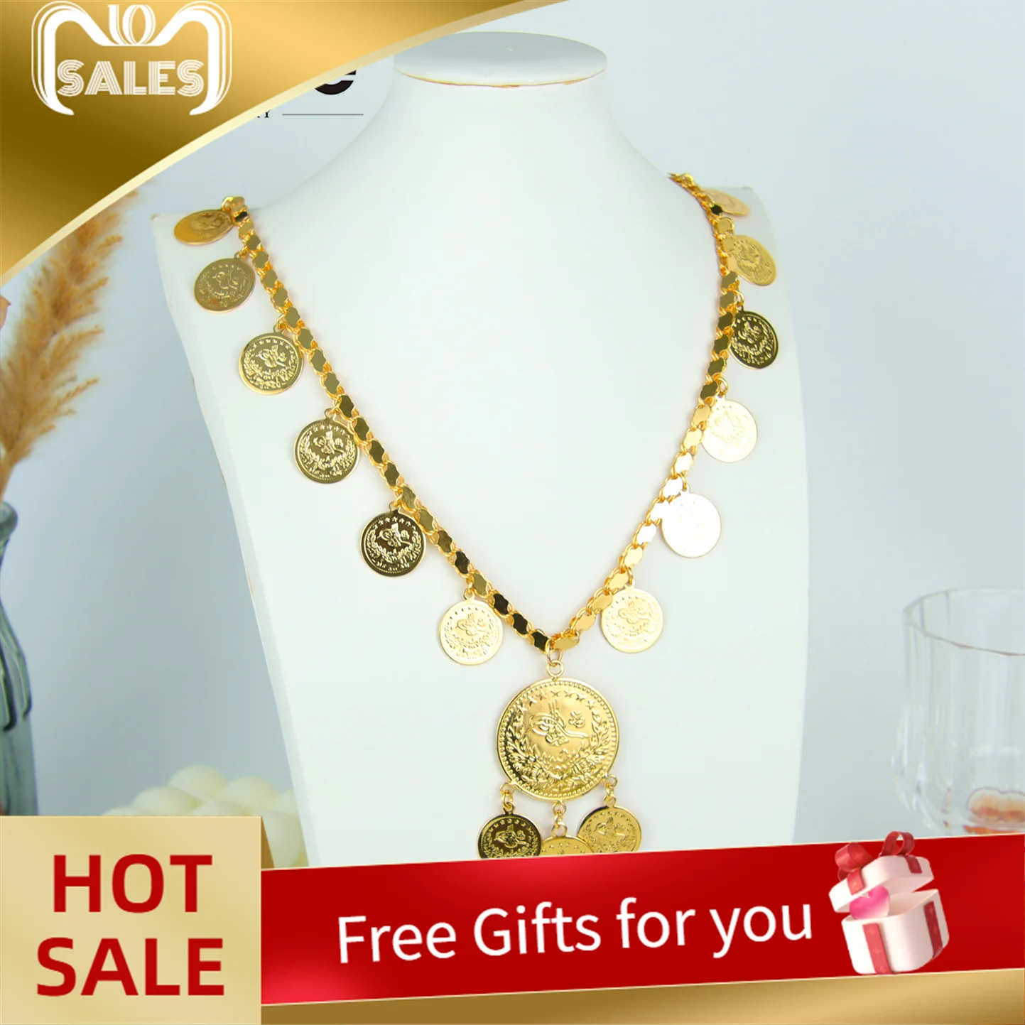 

Luxury Dubai Wedding Long Necklace Coins Pendant 21k Gold Plated Arab Islamic Nigeria Women Bridal Vintage Banquet Jewelry