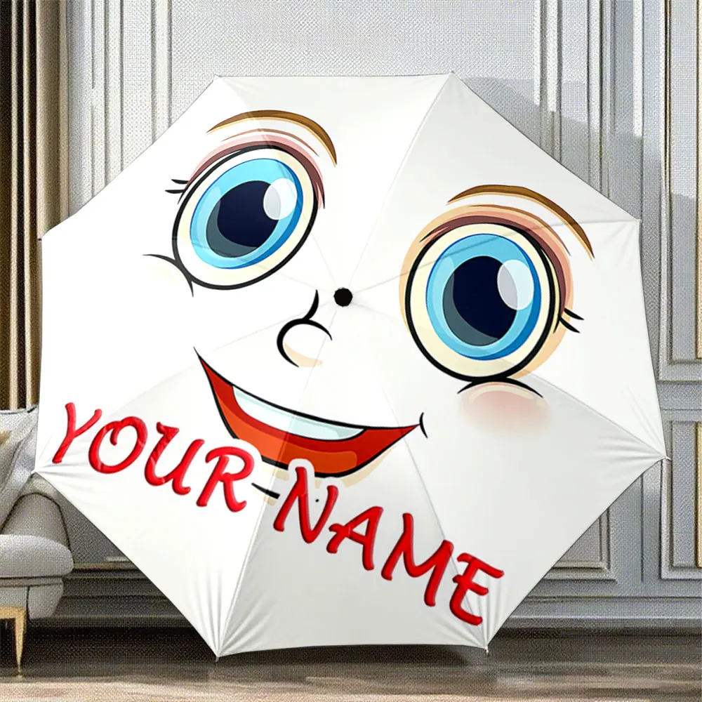 Custom Name Umbrella Cute Cartoon Face Design Umbrella - Personalized Gift Option Portable Folding Umbrella,Christmas Gift