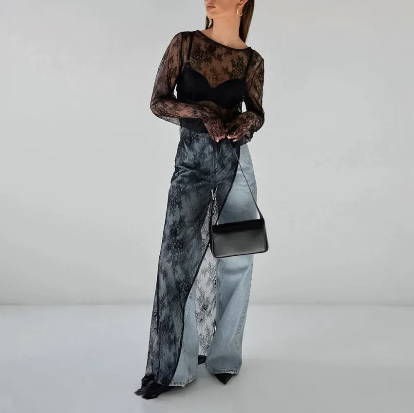 เสื้อยืดซีทรูผู้หญิงแขนยาวยาวพิเศษไม่สม่ำเสมอชายเสื้อบางเที่ยงคืนแนวโน้มที่เรียบง่ายสตรีทฤดูใบไม้ผลิฤดูร้อนเสื้อลูกไม้