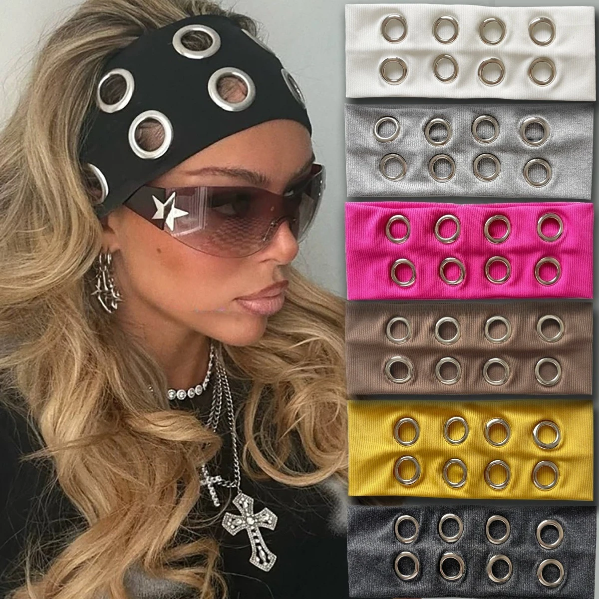 

Punk style metal ring headband wide edge elastic retro fashion hair accessories rock style headband