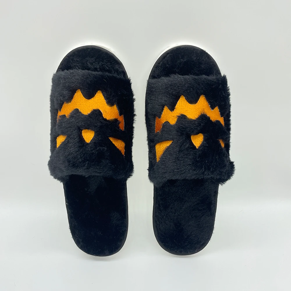 Highland Cow Lovely Halloween Pumpking Plush Slippers Warm House Lantern Open-toe Slipper Indoor Furry Shoes for Men Women