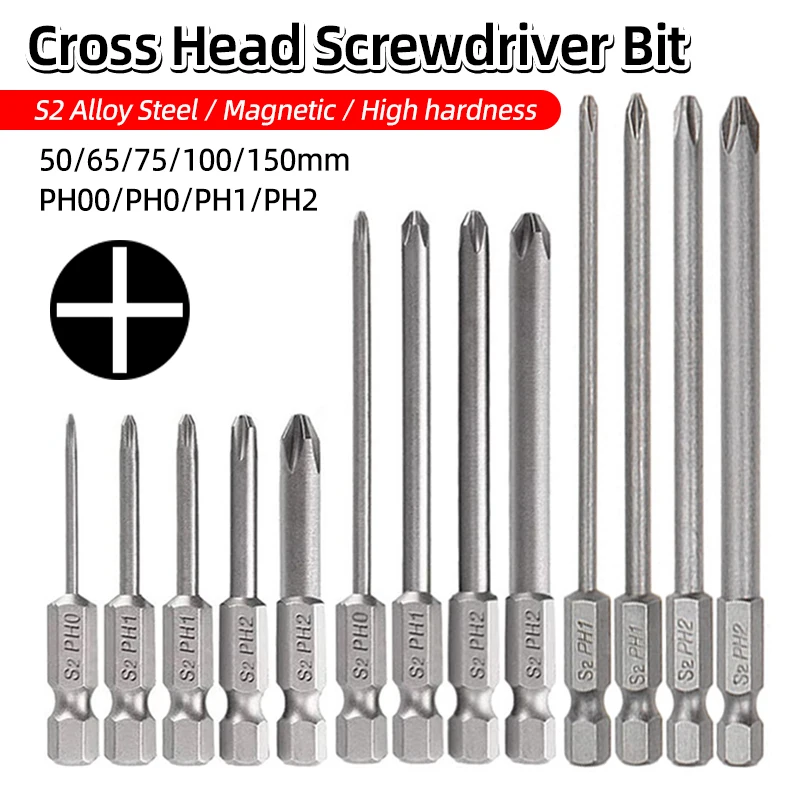 1PC Phillips Screwdriver Bits Cross Head Magnetic Screwdrivers PH00 PH1 PH2 S2 Alloy Steel Hex Shank Hand Tools 50/75/100/150mm