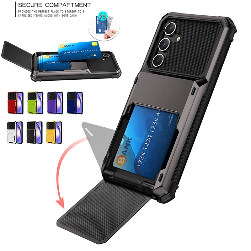 Heavy Duty Card Holder Armor Hard Case For Samsung S26 Ultra S25 S24 S23 Plus A57 A37 A17 Hidden Flip Slot Shcokproof Back Cover