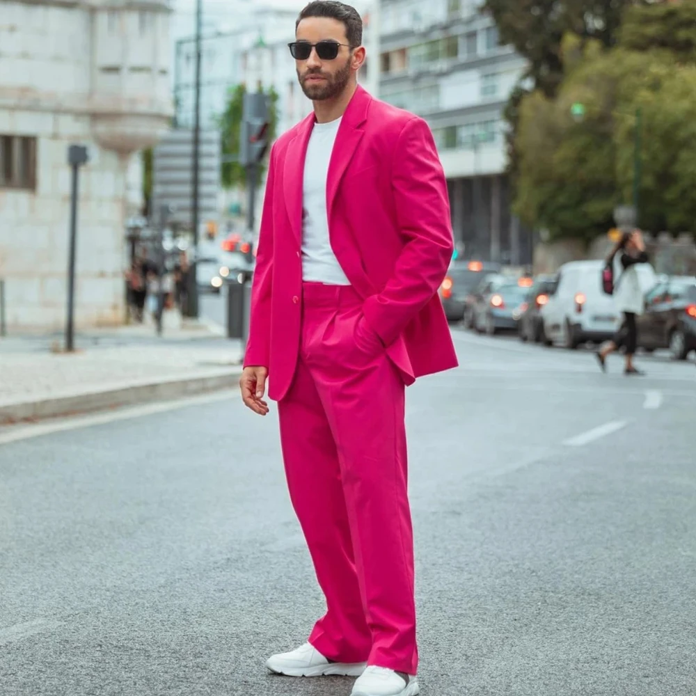 

Street Wear Fuchsia Men Suits 2 Pieces Groom Party Wedding Peaked Lapel Terno Masculino Tuxedos Costume Homme Male Blazer Sets