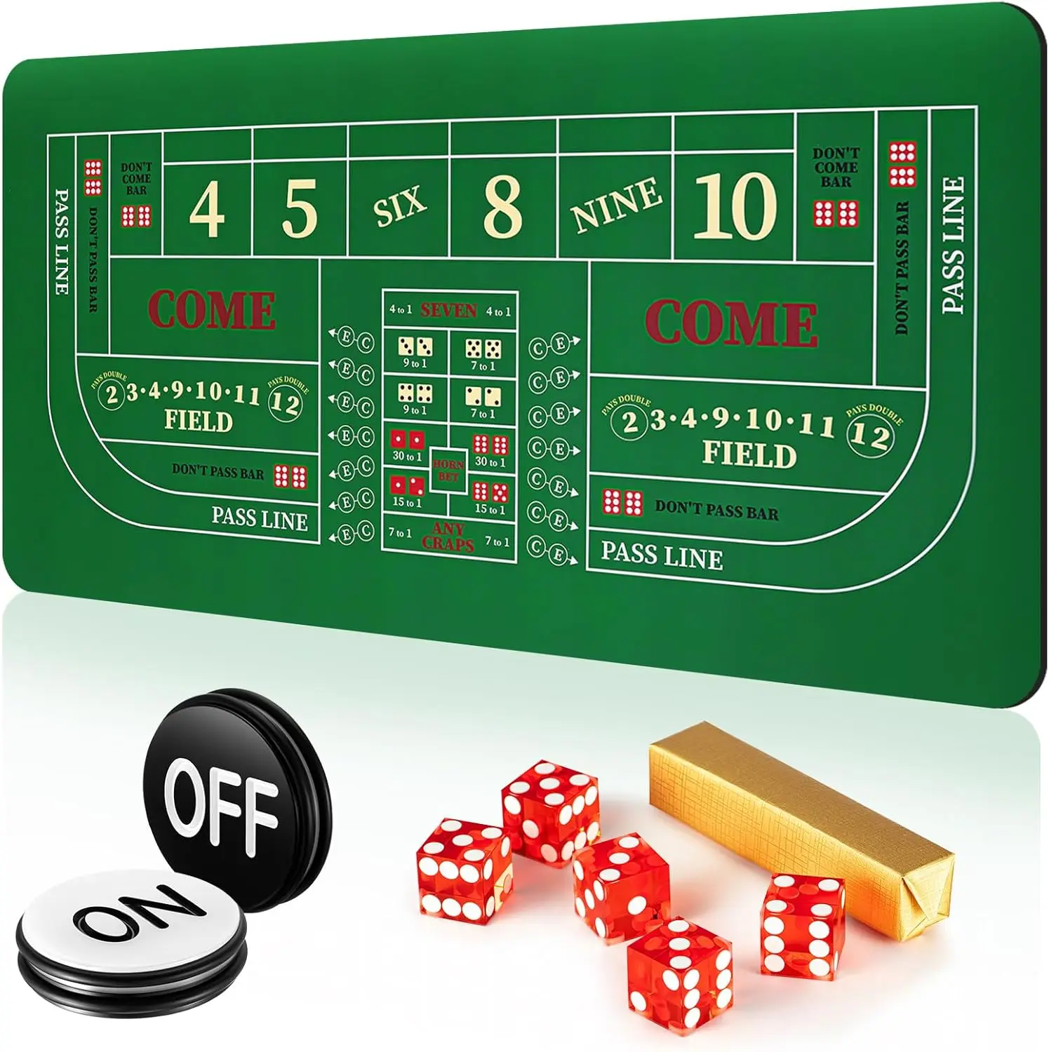 

Craps Tabletop Game Set: 35x70in Rubber Layout Mat, Casino Grade 19mm Dice, On/Off Buttons for Poker Nights (Red)