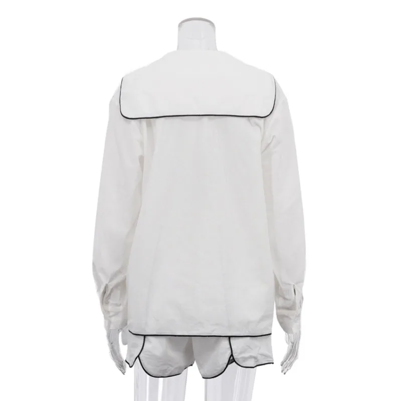Damen 2026 Lässiges Zweiteiler-Set: Weißes Hemd mit Revers und langen Ärmeln + Shorts – Modische Loungewear, Homewear, locker sitzende Streetwear – Detail 3