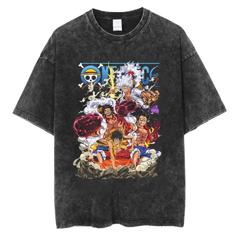 Camiseta de algodão puro estampado Anime, Luffy, Sauron, helicóptero, Hip Hop, rua, lavado, retrô, na moda, verão, novo, 1 pc