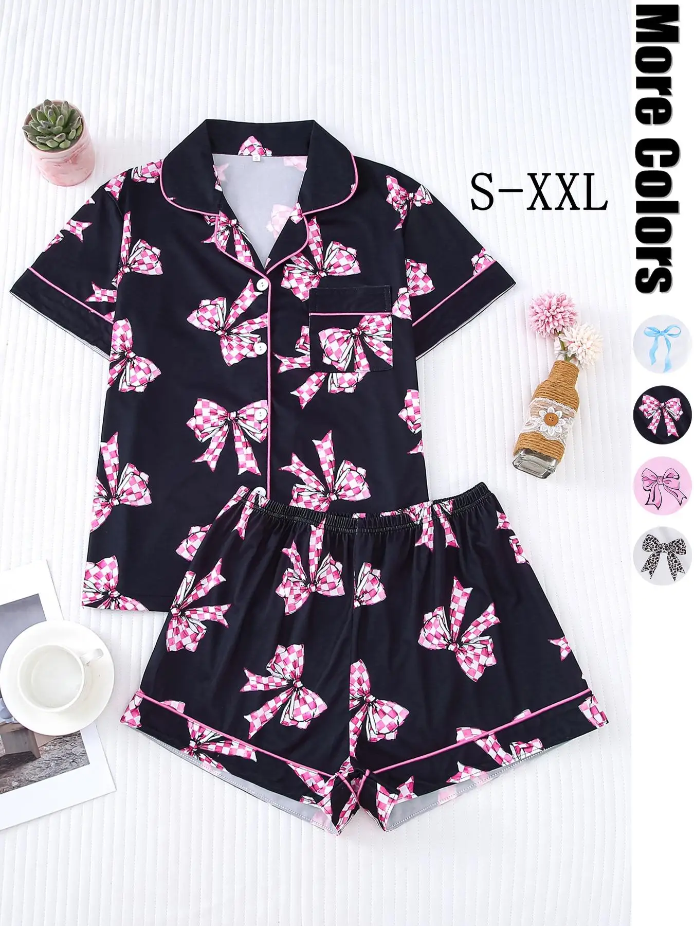 

Butterfly print women's sleepwear set short sleeved shirt with collar buttons and loose shorts casual women's home wear