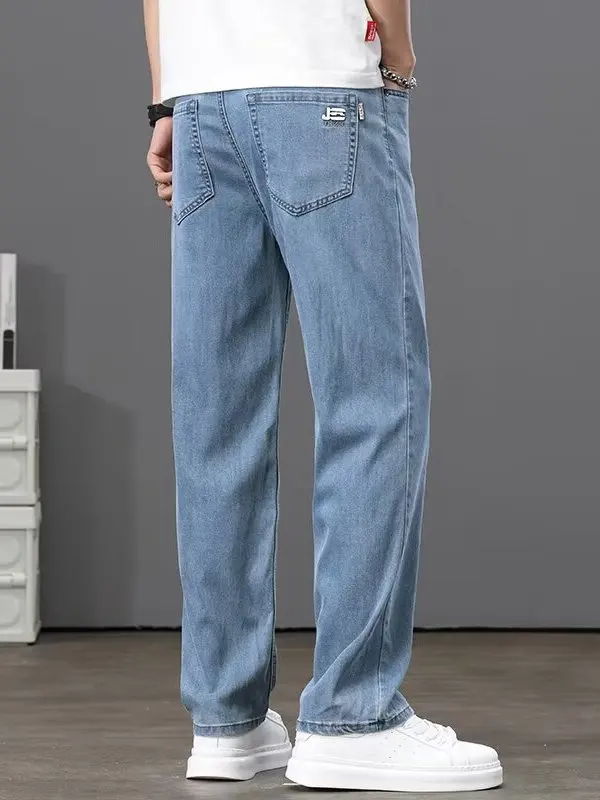 Celana Jeans Pria Sutra Es Musim Panas Ultra Tipis Celana Panjang Elastis Kasual Ukuran Besar Kaki Lurus Longgar Tren Remaja Tahan Aus
