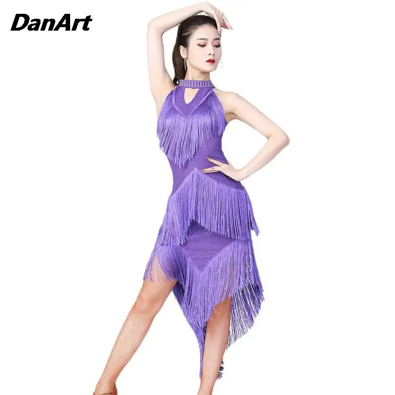 Latin Dance Competition Kleid Pailletten unregelmäßige Quaste Kleid sexy Bühne Performance Kleid Tanz Training Rock Göttin Kleidung