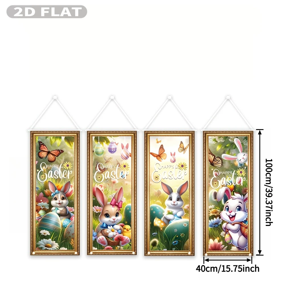 2D FLAT 4pcs Party Packs Easter Bunny Banner Set, 40x100cm/15.7x39.3inch, Polyester Fabric Festive Wall Decor Flags