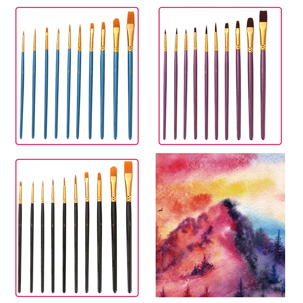 子供のためのナイロン水彩ペイントブラシセット、丸い先端の文房具、描画ツール、アクリルオイルアート用品、学用品、セットあたり10個