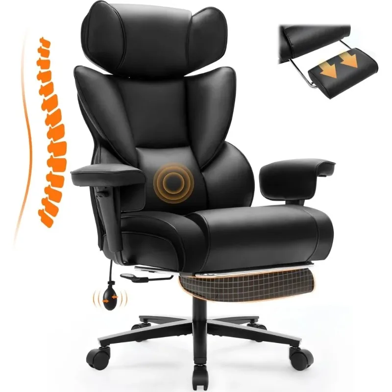 Office Chair with Foot Rest and Waist Lumber Support, Ergonomic Gaming Chair with Adjustable Height Headrest, High-Back Leather