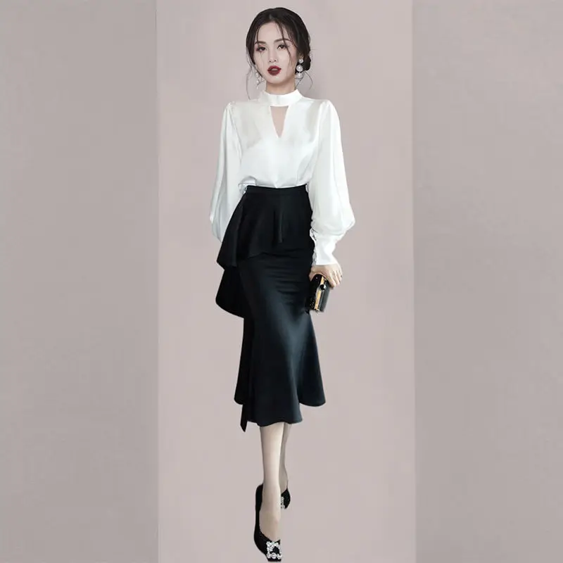 

Sets Of Dress Goddess Light Luxury Solid Shirt Set 2023 Spring Women Professional Half Skirt Two Piece Set Of Dress Female