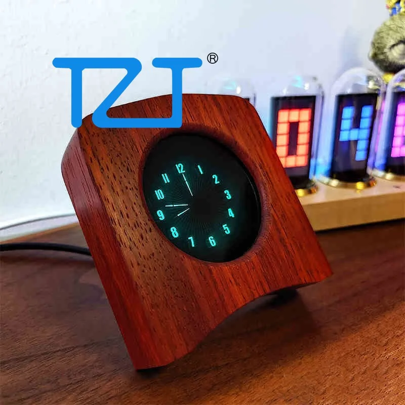 TZT Black Walnut/Cherrywood Version Creative Fluorescent Screen VFD Pointer Clock WiFi Bluetooth Retro Clock Type-C Charging