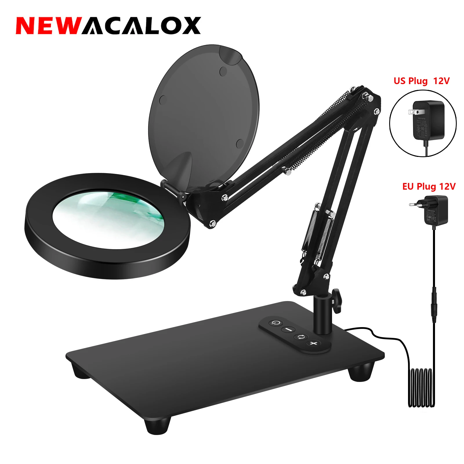 

NEWACALOX Foldable Handle 5X Magnifying Glass 5 Colors Adjustable Table Lamp Dust Cover Magnifier Heavy Base Lighting Tools