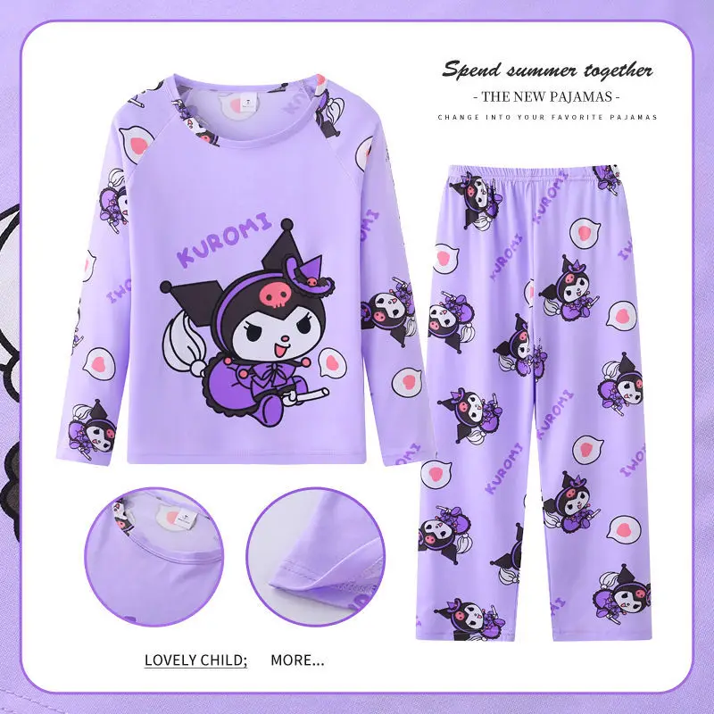 Cute Sanrio Cinnamoroll Children Pajamas Suit Hello Kitty Sleepwear Kuromi Melody Girl Boy Spring Long Sleeved Home Suit Gifts