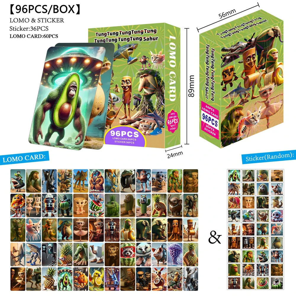 96 Uds fotos de dos estilos de tarjeta LOMO Shan Hai Jing tarjeta pequeña de doble cara Tung Tung Sahur palo de madera pegatinas de tarjetas de personas