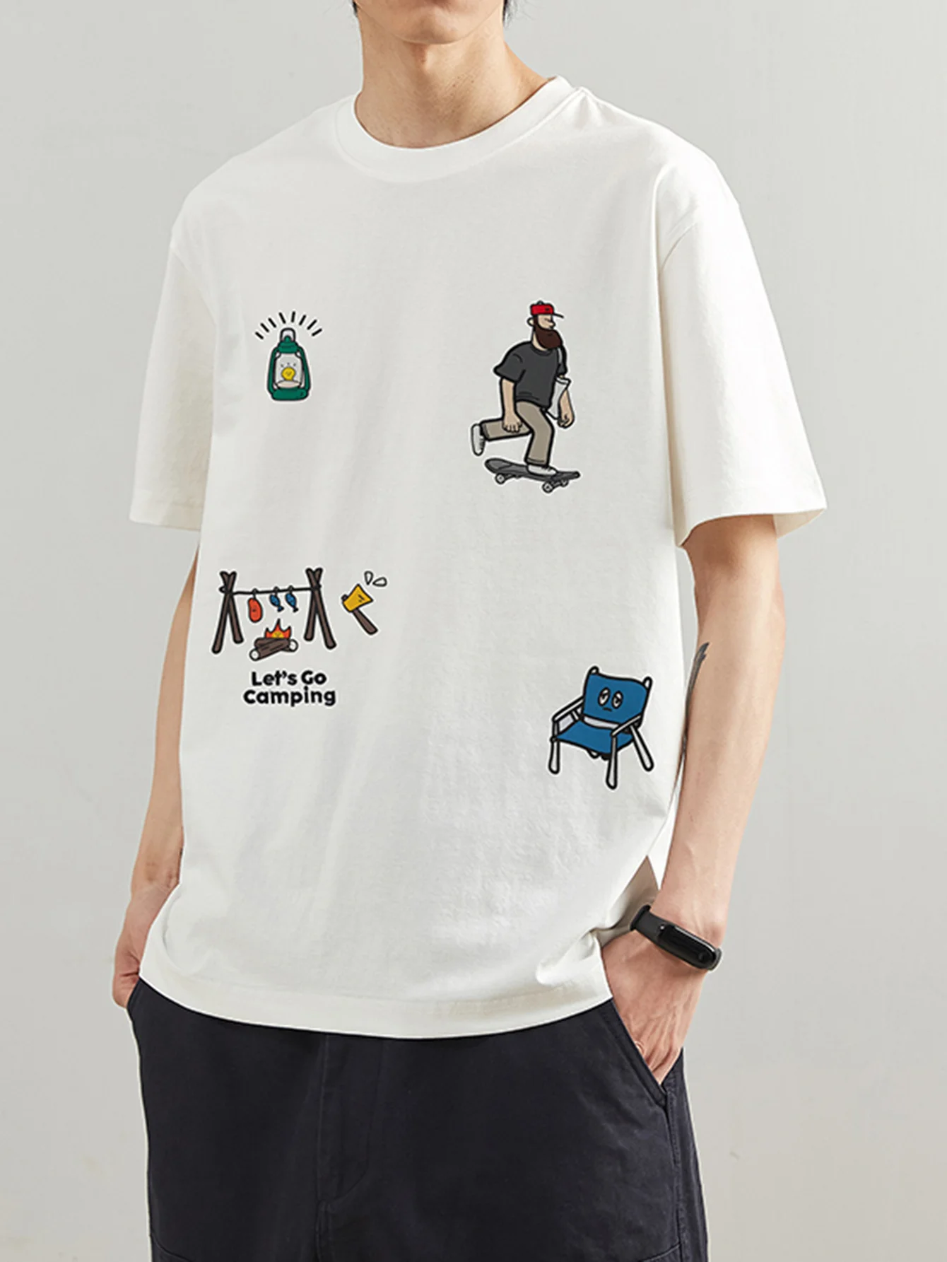 

Мужская винтажная футболка с американским узором, хлопковая футболка с изображением лагеря, белая винтажная футболка для активного отдыха и повседневной повседневной мужской одежды