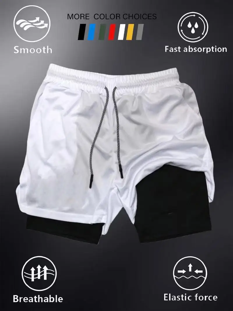 2026New men's summer outdoor running training 2-in-1 shorts, double-layer beach pants, quick-drying and breathable sports pants