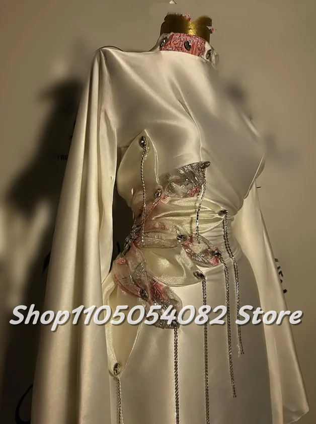 Customised High Neck Gorgeous Evening Dress Ivory Bell Sleeves Applique Studs Beading Fringe Satin Straight Prom Dress