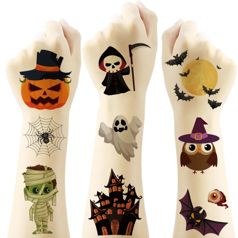 20Pcs New Halloween Temporary Tattoo Stickers Pumpkin Bat Candy Ghost Fake Tattoos Stickers Waterproof Funny For Kids Gift