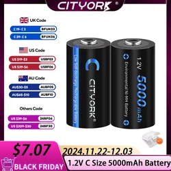 CITYORK 1.2V C Size Rechargeable Battery 5000mAh Ni-MH LR14 R14 Batteries C Cell For Gas Cooker Flashlight Radio+USB Charger