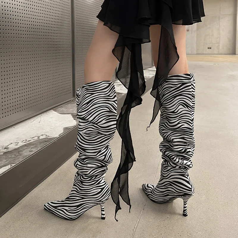 MKKHOU Fashion Knee Length Boots Women's New High Quality Pointed Wide Barrel Pleated High Heel Zebra Boots Modern Leopard Boots