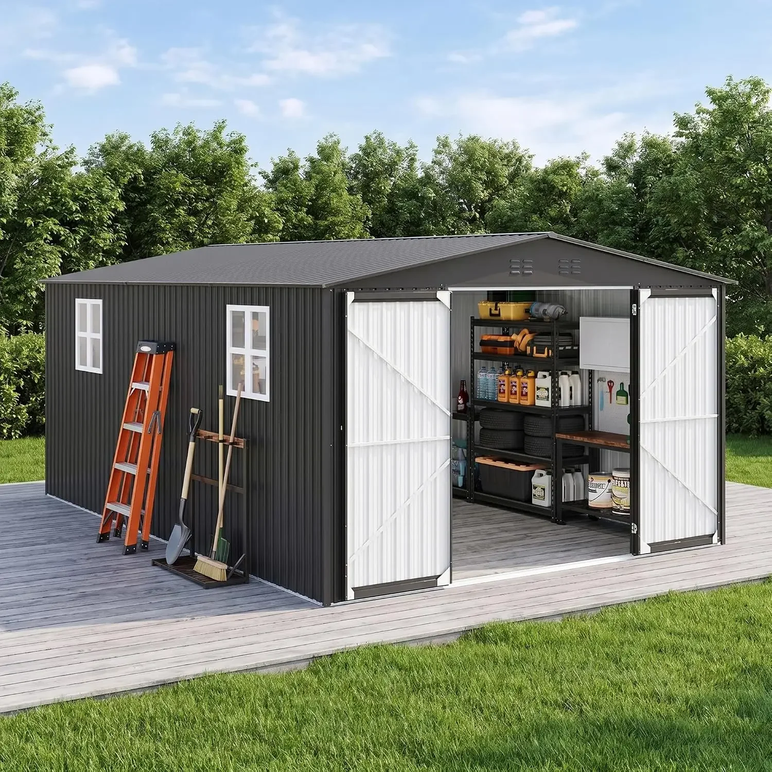 Outdoor Storage Shed, Metal Garden Shed with Lockable Door & Sloped Roof, Large Waterproof Utility Tool Shed, Custom