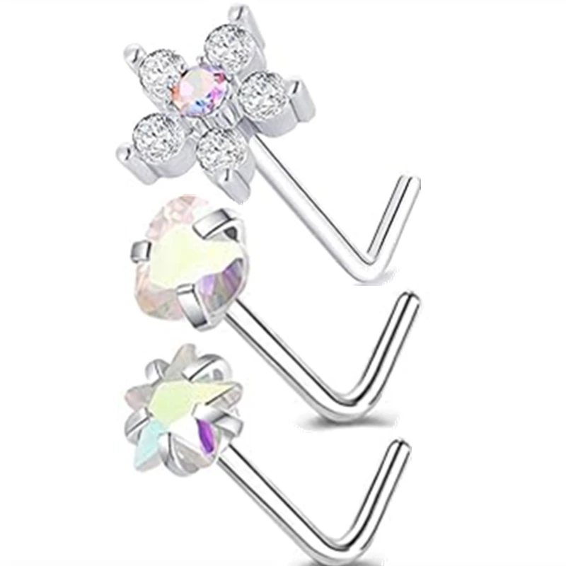 3PC Stainless Steel Flower Nose Piercing Stud Set L Shape Pink Nose Ring Studs Pack Indian Nose Jewelry Bulk Piercing Nariz Lote view 6