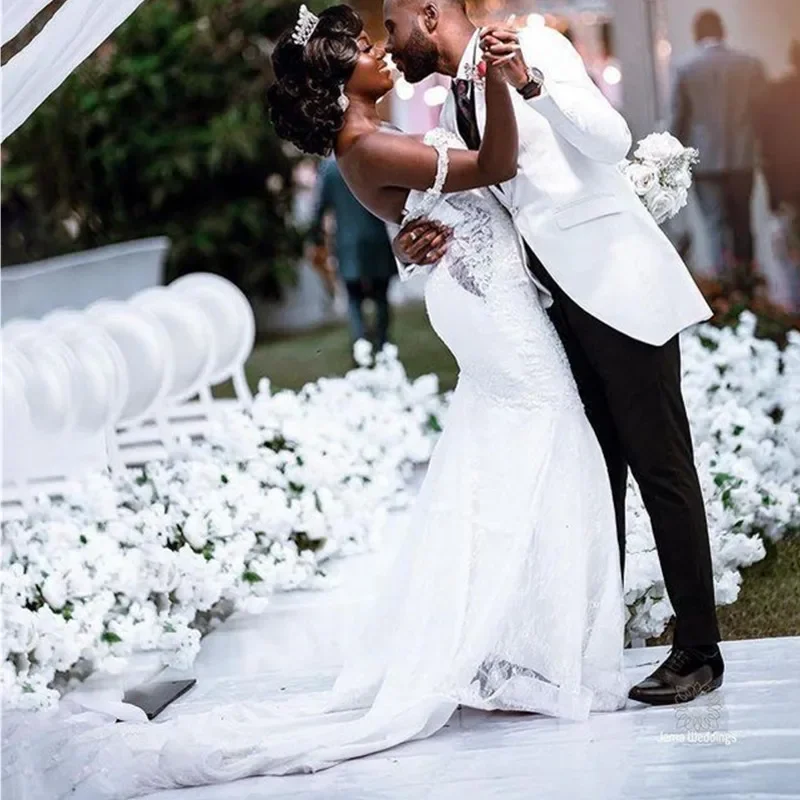 Customized Shinny Beads Sweetheart  Lace Mermaid Wedding Dress Vestidos De Novia African Off the Shoulder Country  Bridal Dress