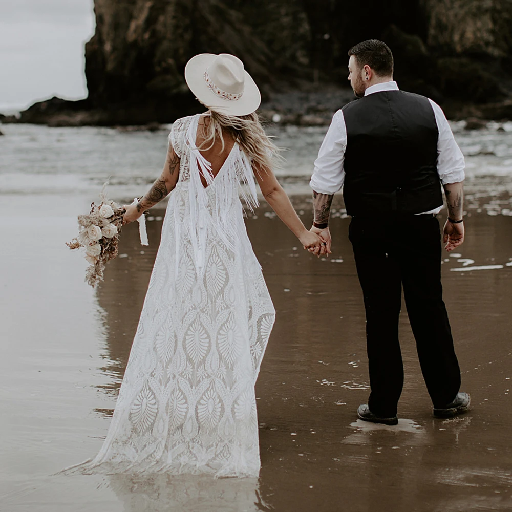 Boho franjas cílios renda vestido de casamento uma linha manga boné sem costas decote em v maternidade praia alta fenda vestido personalizado com borlas